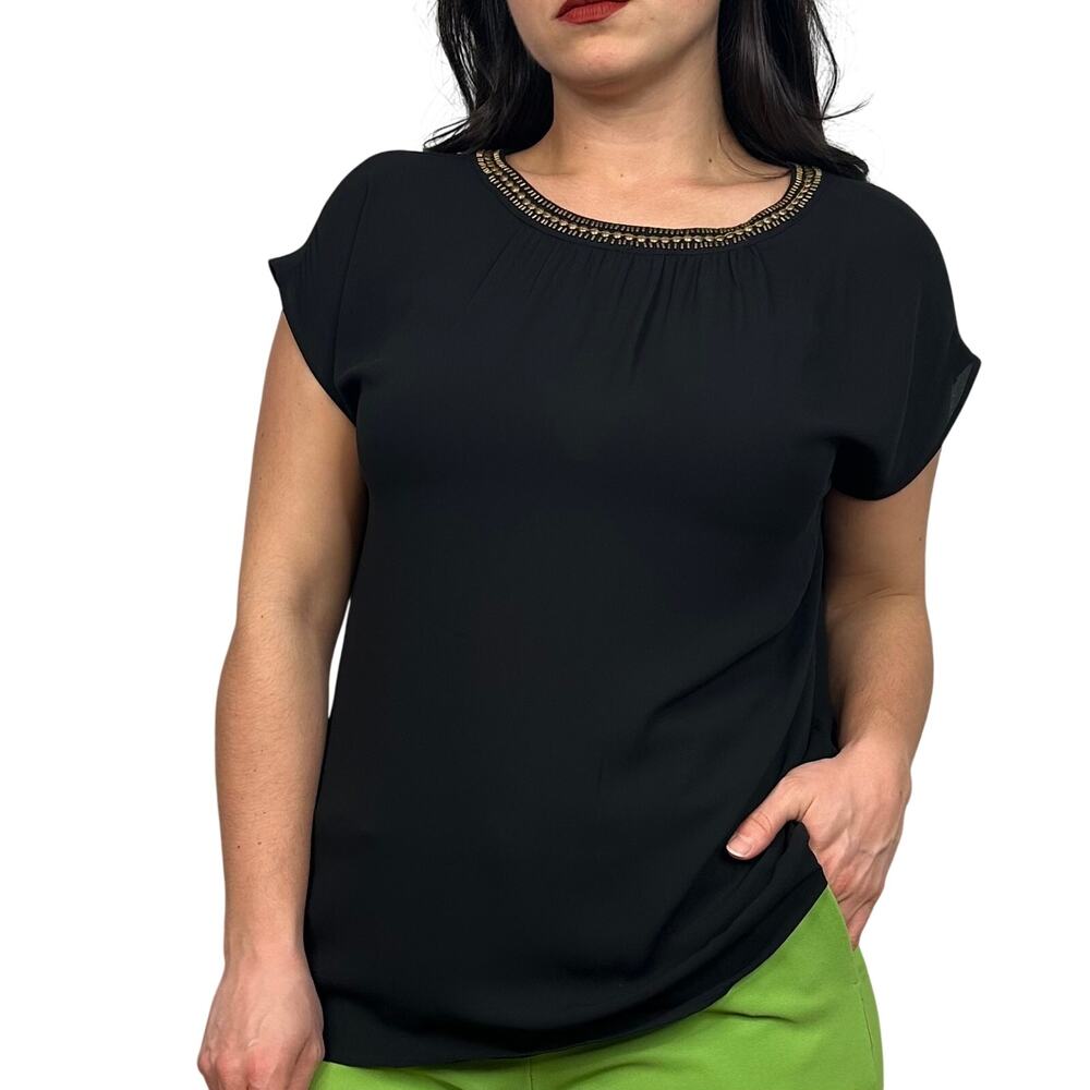 LOFT Black Chiffon Boxy Blouse with Brass Beaded Round Neckline